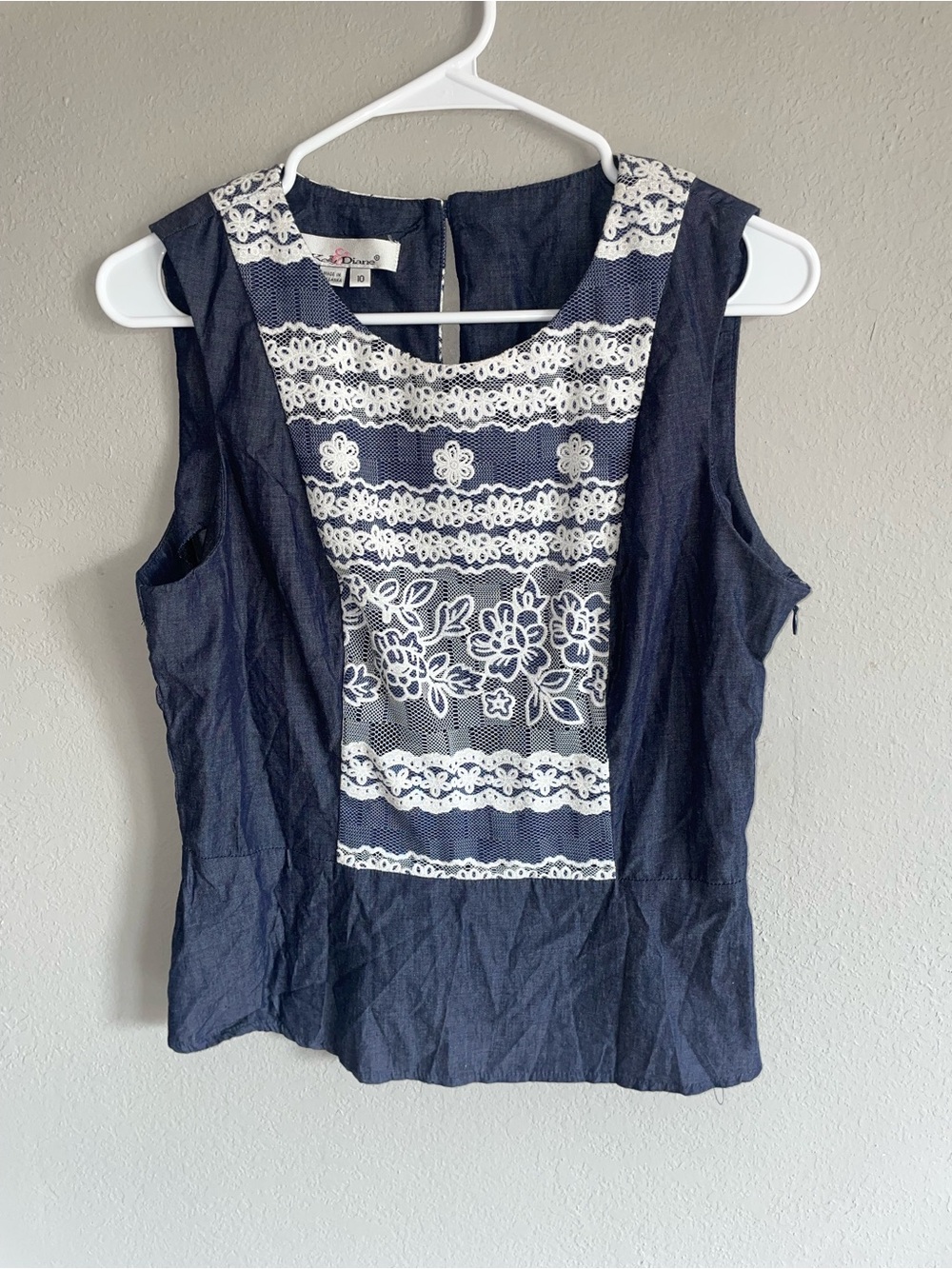 Denim Lace-Panel Sleeveless Top - Navy